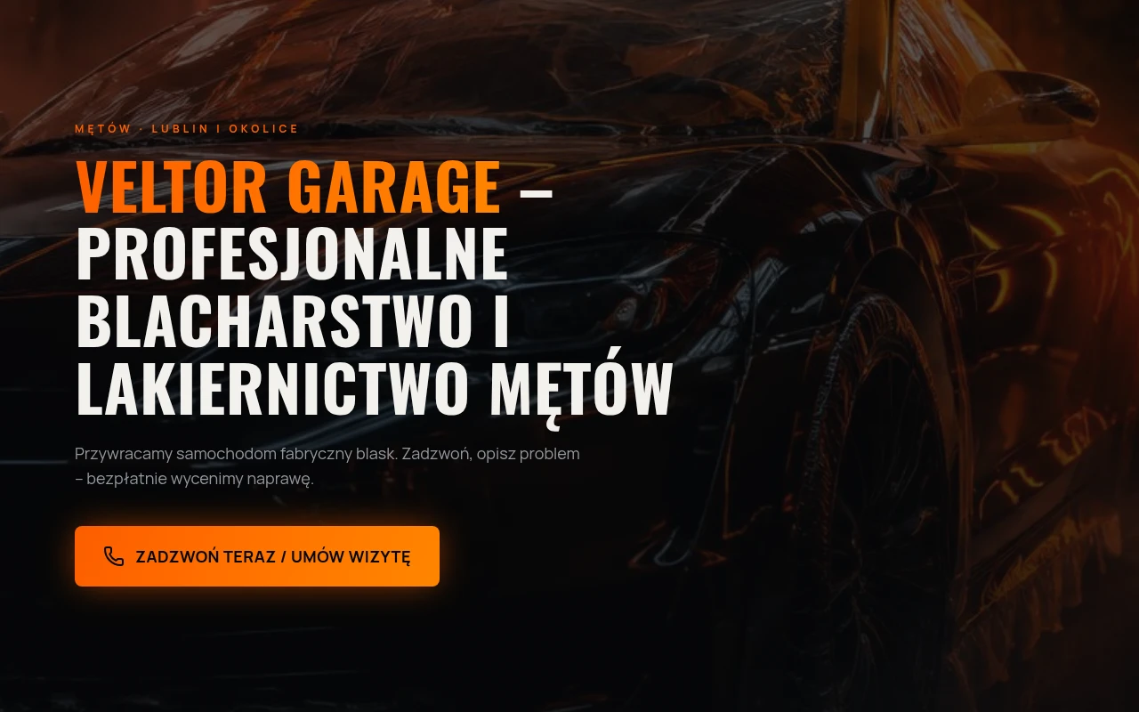 Zrzut strony VELTOR Garage — samochód i pomarańczowy nagłówek