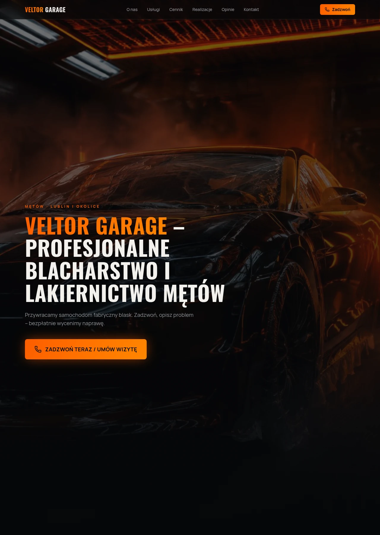 VELTOR Garage — początek strony ze zdjęciem samochodu