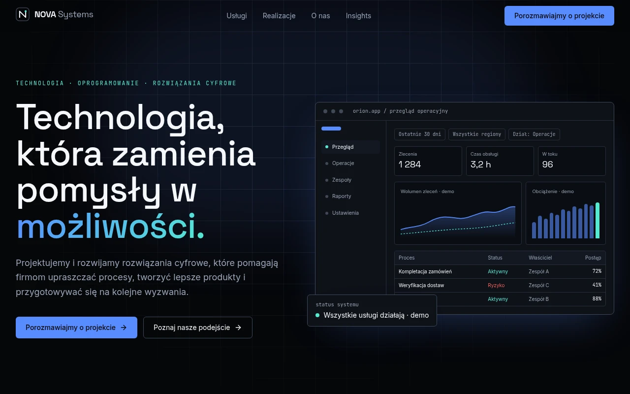 Zrzut strony Internet Nova Systems — nagłówek i makieta panelu