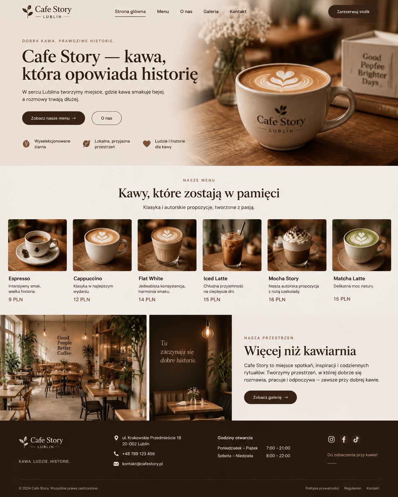 Lublin Cafe Story — cała strona główna kawiarni z menu i galerią