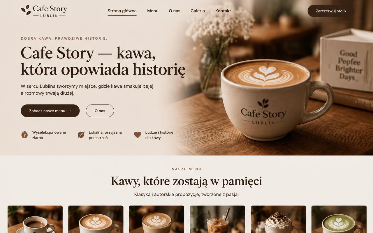 Zrzut strony Lublin Cafe Story — kawa latte i menu kawiarni